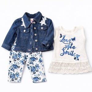 Nannette Baby Girl 3-PC Outfit Set 12M Denim Jacket, Tee, Pants EUC